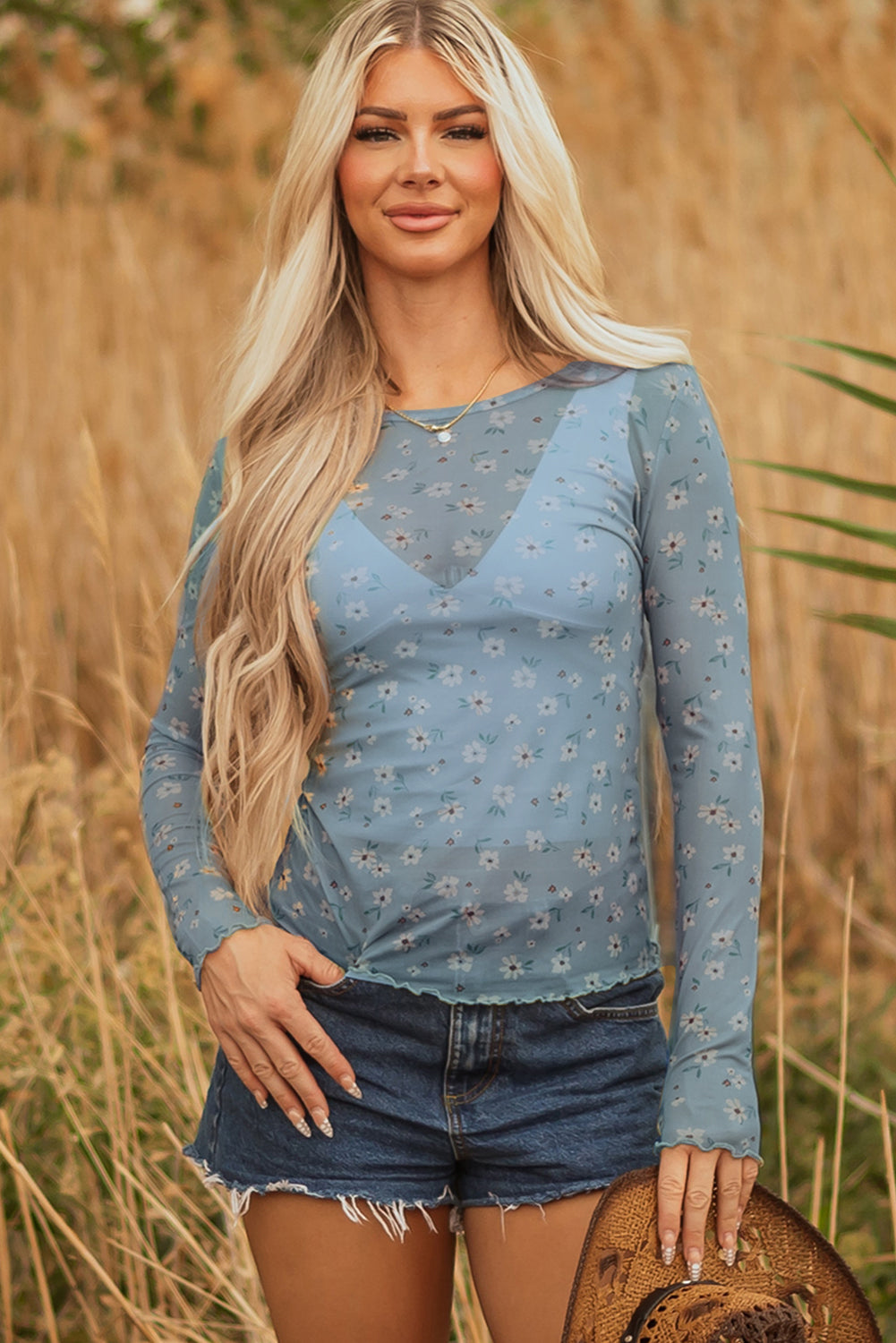 Sky Blue Vintage Floral Print Southern Style Mesh Long Sleeve Top - Snoopy's Closet