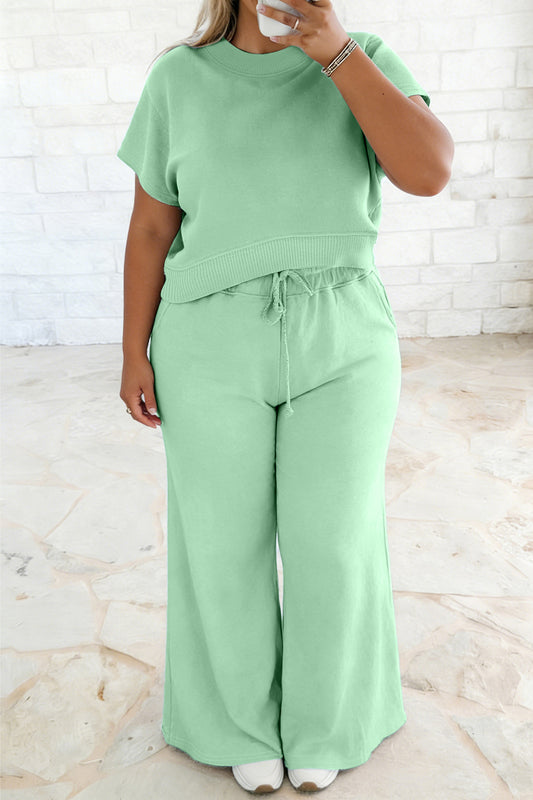 Conjunto de 2 piezas de blusa de manga corta con ribete acanalado de color sólido Aqua claro y pantalón suelto con cordón