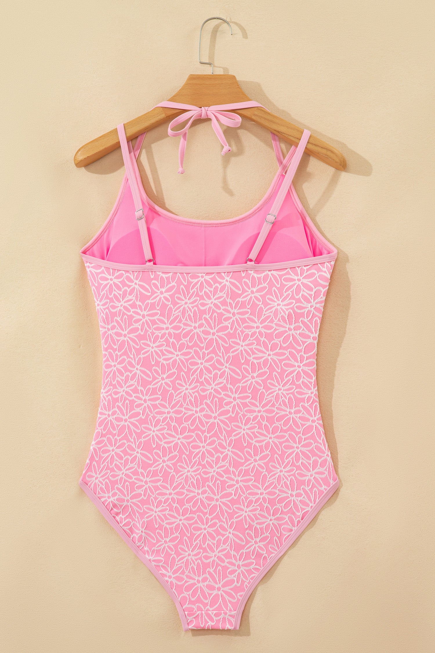 Pink Corded Flower Texture Spaghetti Straps Halterneck One Piece Swimsuit - Snoopy's Closet
