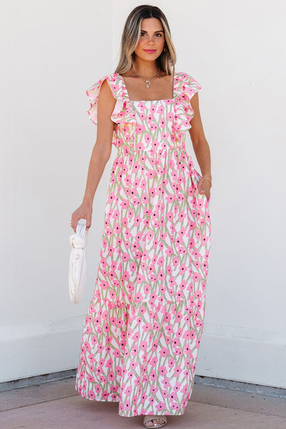 Vestido largo con estampado floral rosa, escote cuadrado y tirantes con volantes