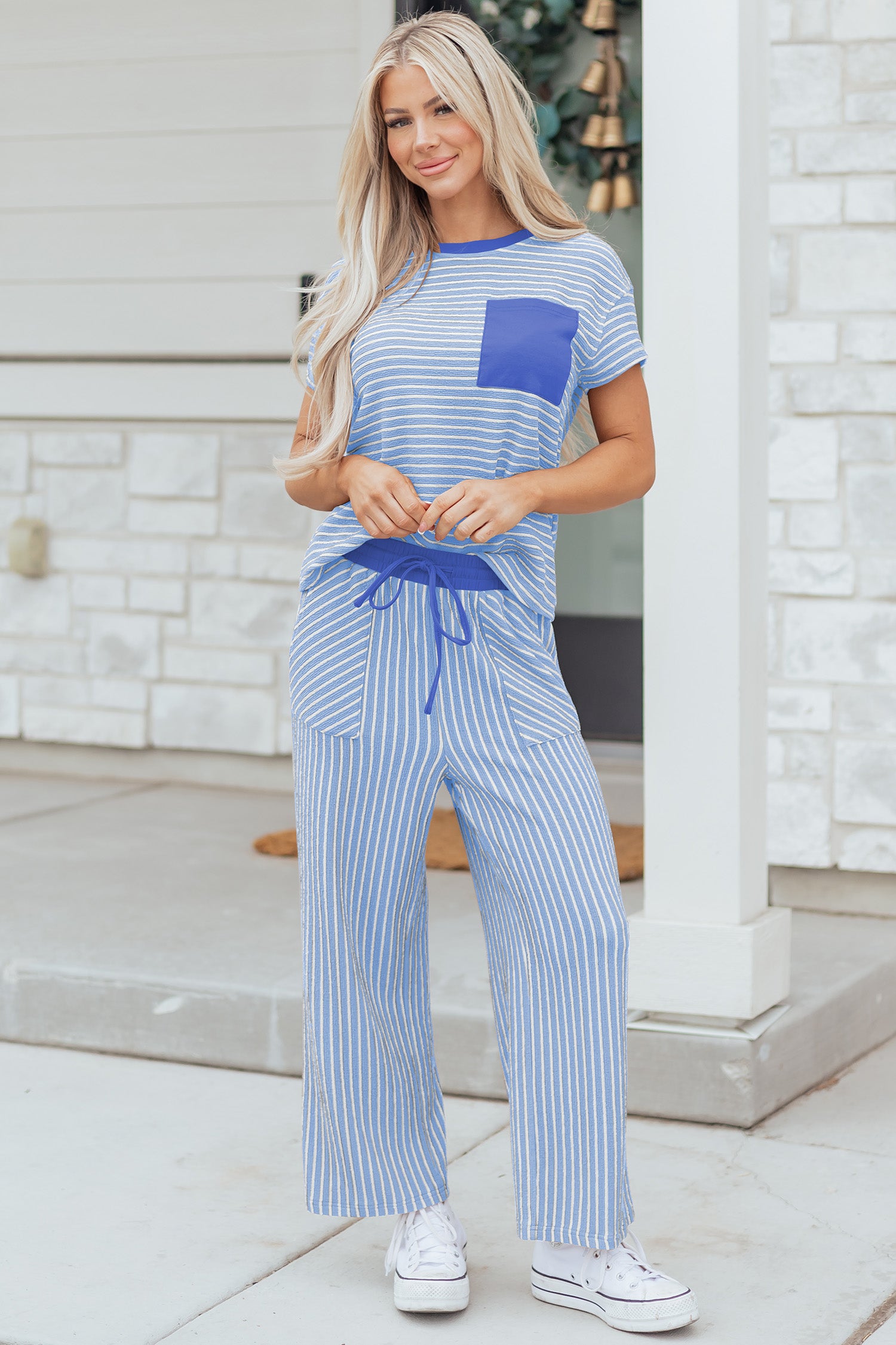 Sky Blue Stripe Crew Neck Tee Drawstring Waist Cropped Pants Set - Snoopy's Closet