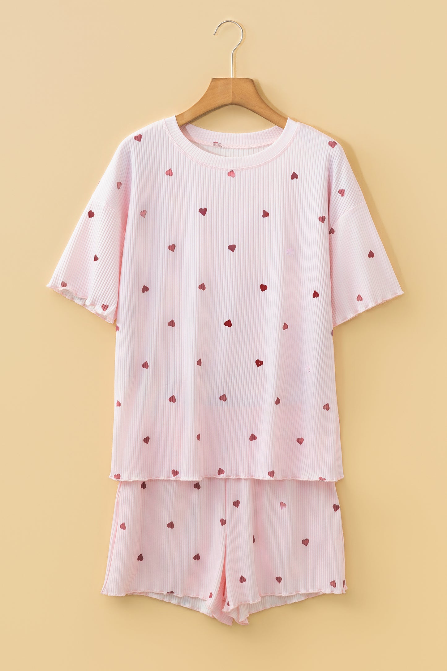 Light Pink Valentine Heart Shape Print Ribbed Knit Short Lounge Set - Snoopy's Closet