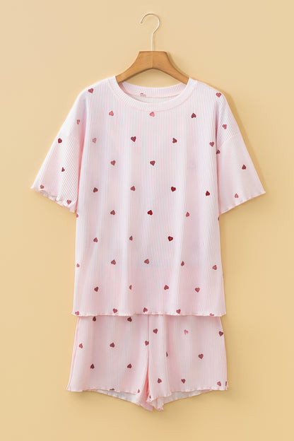 Light Pink Valentine Heart Shape Print Ribbed Knit Short Lounge Set - Snoopy's Closet