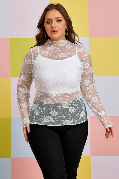 White Plus Size Floral Mesh Long Sleeve Top - Snoopy's Closet