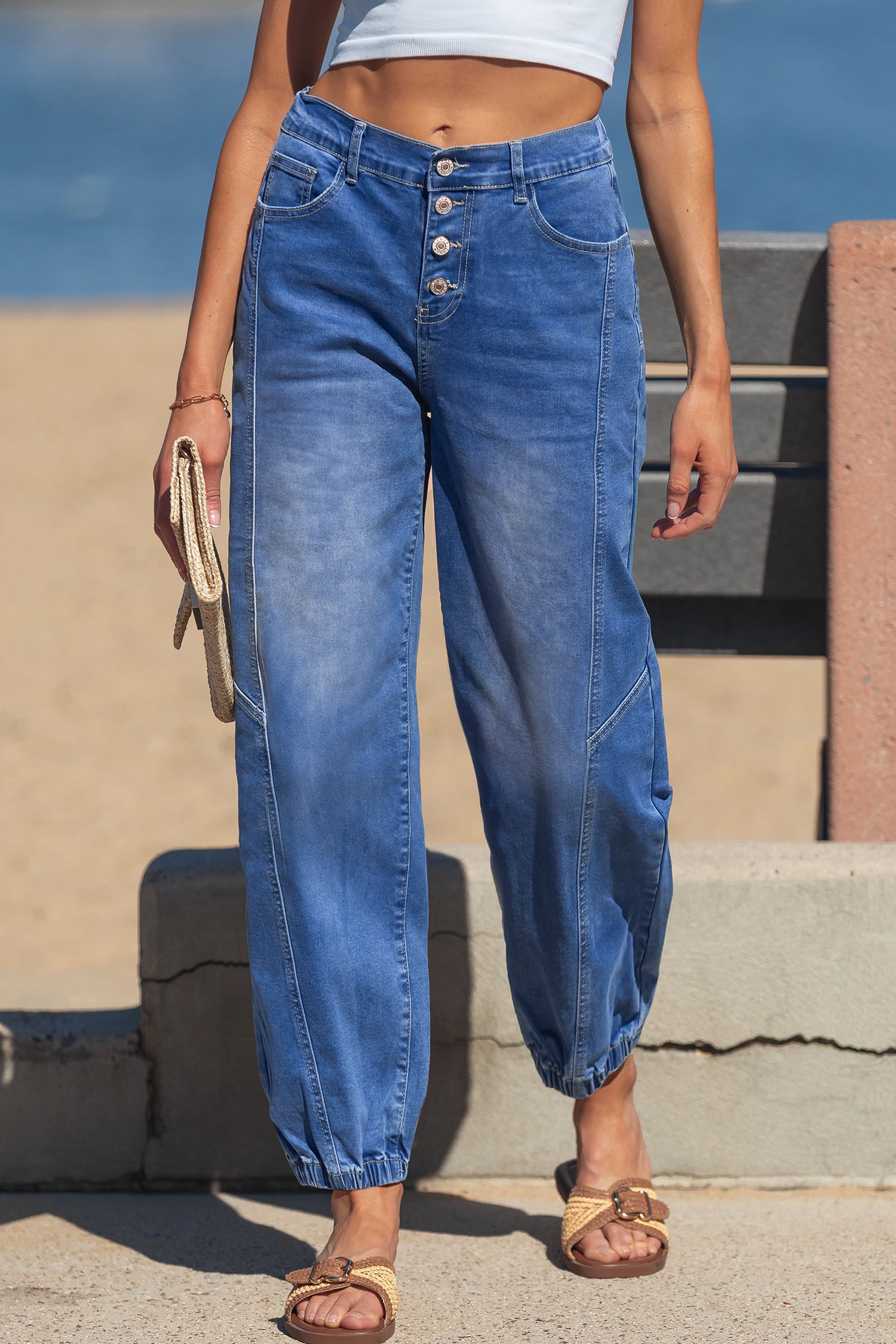 Blue 4 Buttons Front Tapered Casual Loose Fit Jeans - Snoopy's Closet