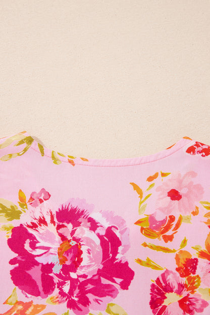 Pink Floral Print Tie Neck Puffy Half Sleeve Blouse - Snoopy's Closet