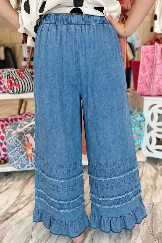 Pantalones anchos de chambray con bajo de volantes azul anochecer