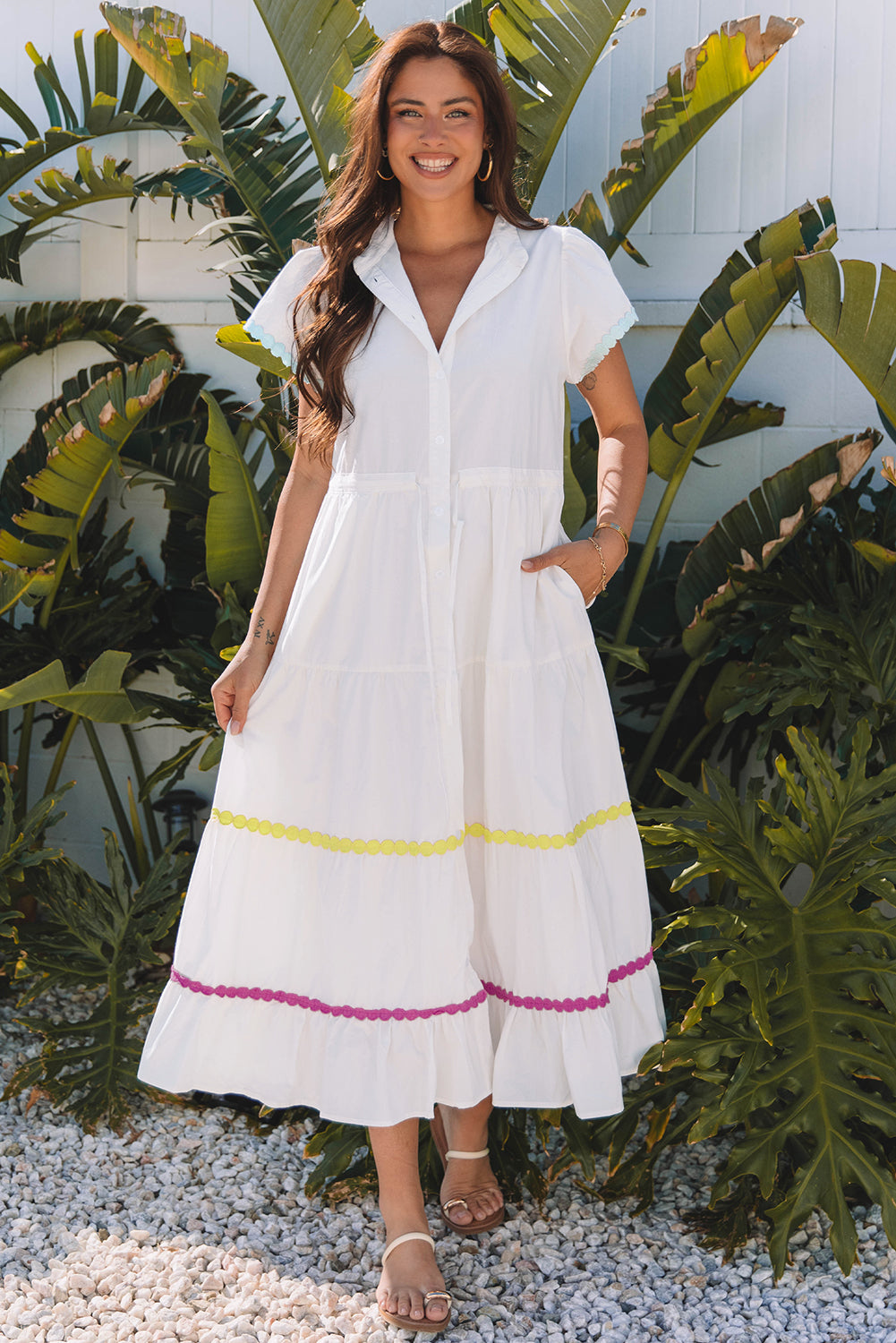White Colorblock Rickrack Trim Short Sleeve Drawstring Waist Long Dress - Snoopy's Closet