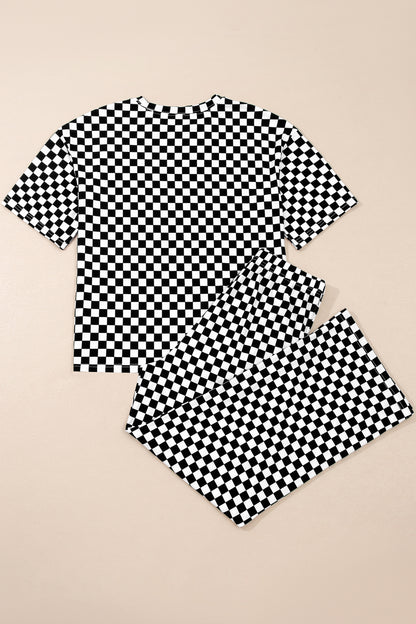 Khaki Checkered Print Half Sleeve Tee 2pcs Lounge Pant Set - Snoopy's Closet