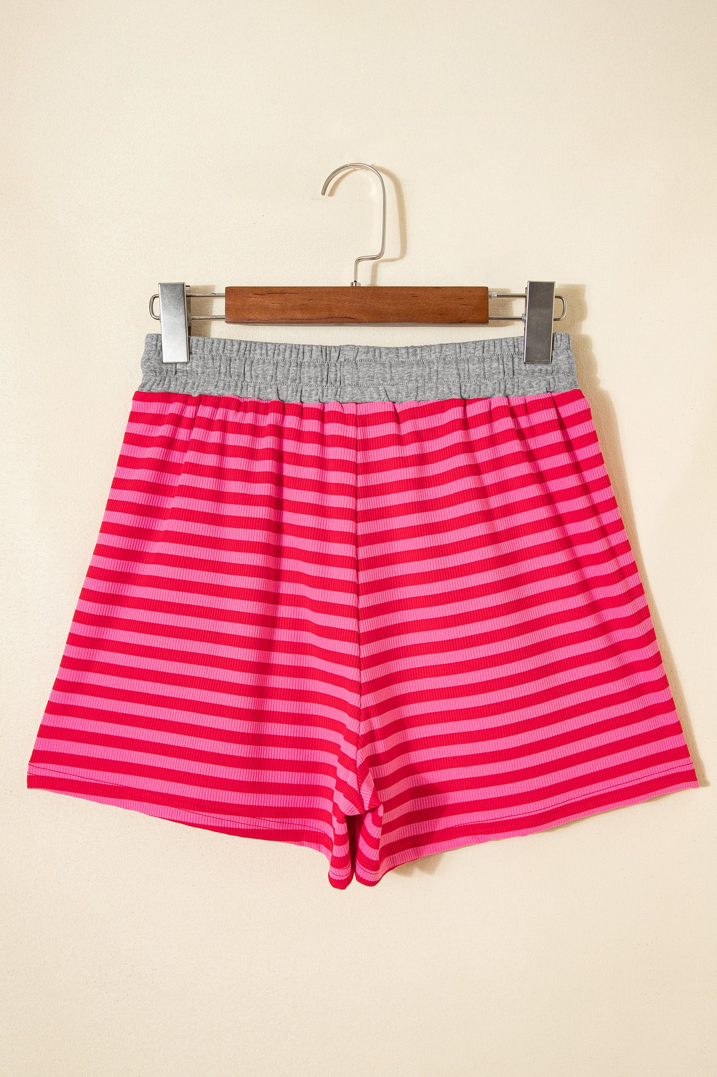 Rose Stripe Contrast Elastic Waist Casual Ribbed Shorts - Snoopy's Closet