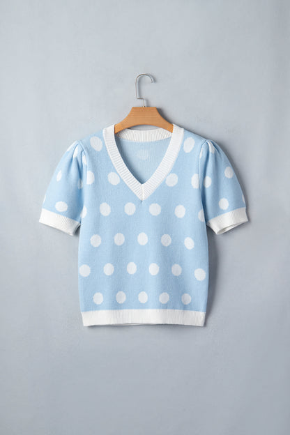 Light Blue Polka Dot Puff Short Sleeve Sweater Top