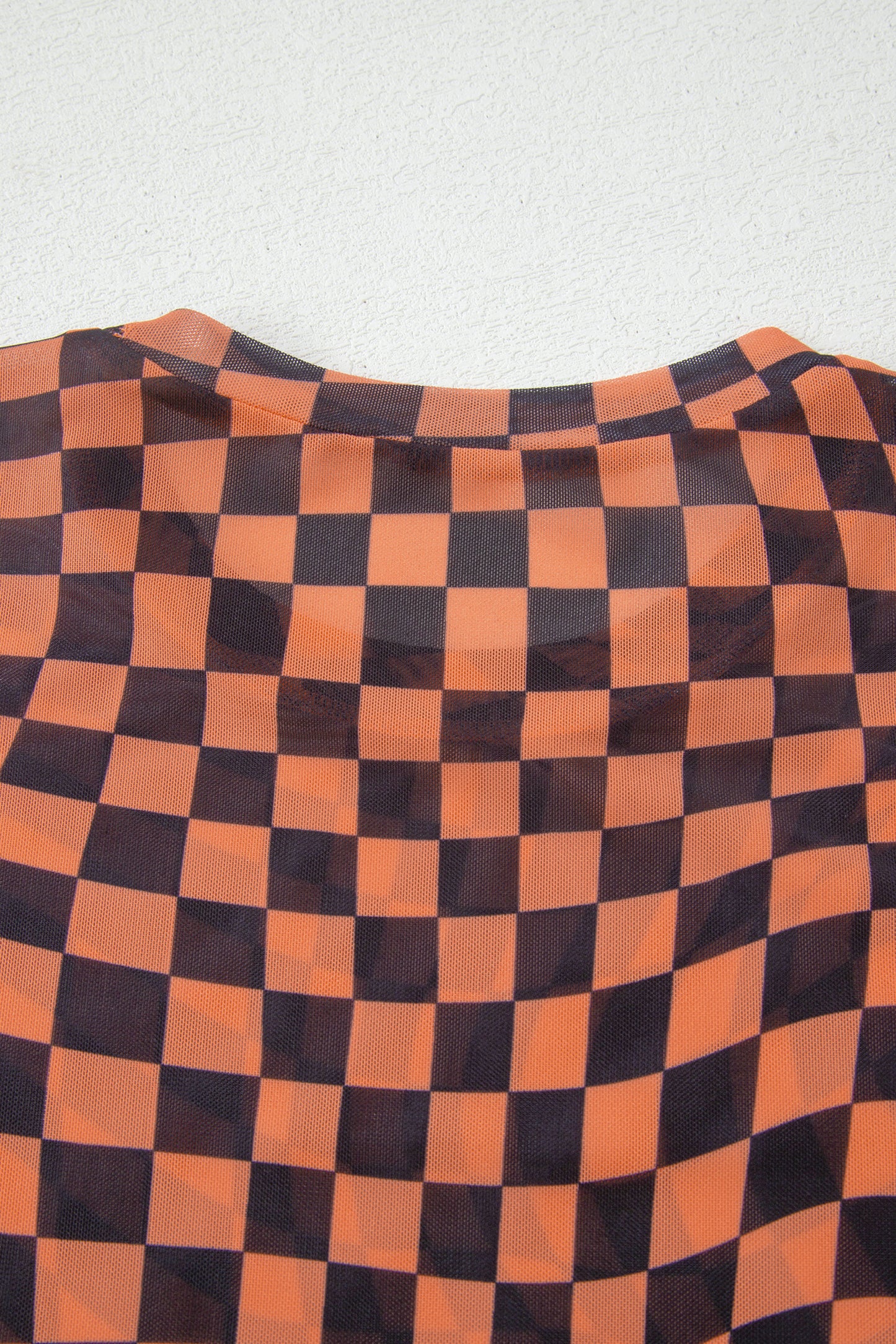 Orange Checkered Print Crew Neck Mesh T Shirt - Snoopy's Closet