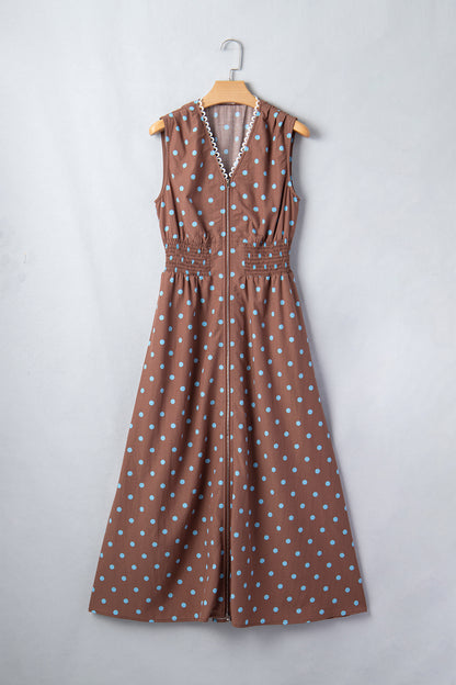 Vestido sin mangas con cremallera, cuello en V, estampado de lunares marrones y ribete en contraste
