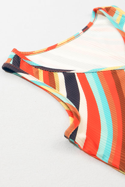 Camiseta sin mangas con cuello de pico, botones y rayas onduladas multicolores