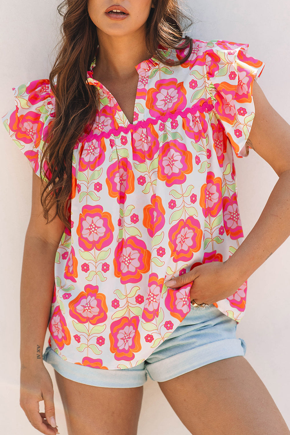 Rose Floral Ruffled Sleeve Ric-rac Trim Split Neck Loose Blouse - Snoopy's Closet