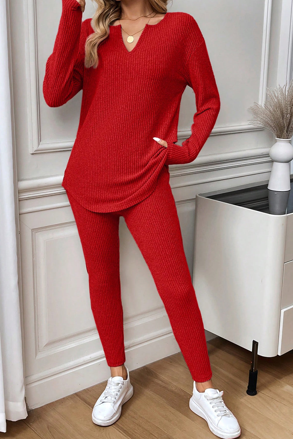 Racing Red Ribbed Notched Neck Knit Long Sleeve Leggings Two Pieces Lounge Set - Snoopy's Closet