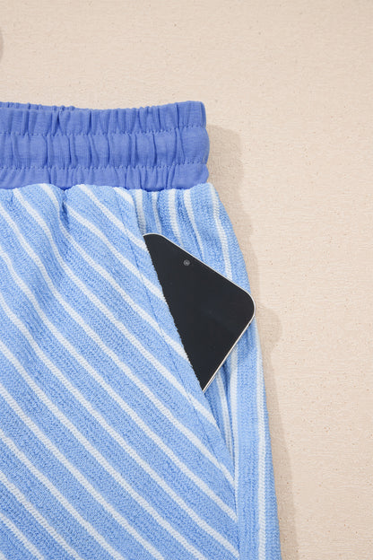 Sky Blue Stripe Crew Neck Tee Drawstring Waist Cropped Pants Set - Snoopy's Closet
