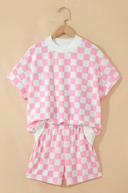Pink Checkered Print Color Block Trim Mock Neck Short Set - Snoopy's Closet