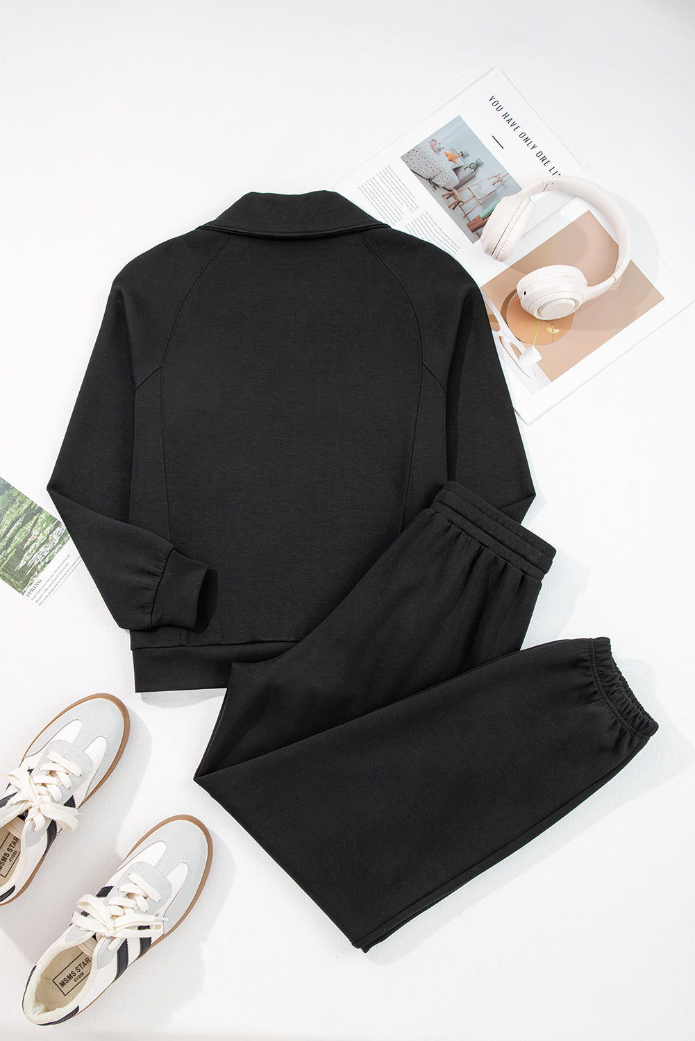 Black Zip Collar Long Sleeve Top Drawstring Pants Set - Snoopy's Closet