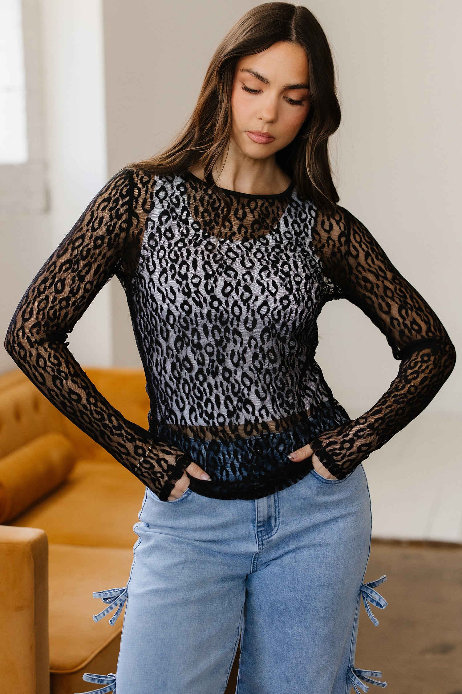 Black Leopard Pattern Sheer Mesh Long Sleeve Top - Snoopy's Closet
