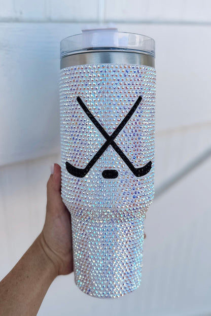 Vaso de 40 oz con asa, con diseño de diamantes de imitación para un día de partido de hockey brillante.