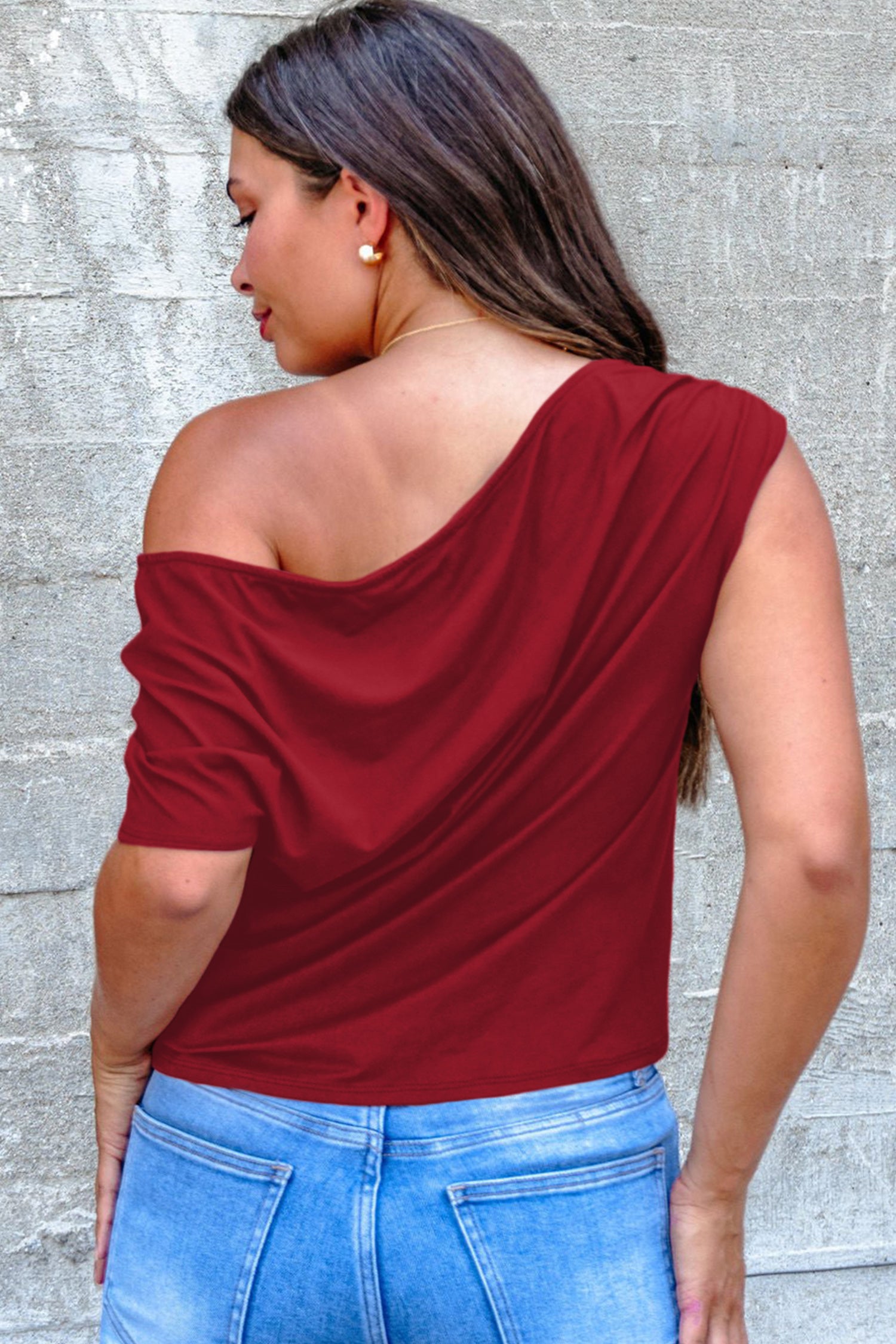 Burgundy Plus Size Solid Color Asymmetric Neck Short Sleeve Blouse - Snoopy's Closet