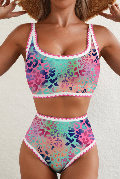 Pink Leopard Ricrac Trim Square Neck High Waist Bikinich - Snoopy's Closet