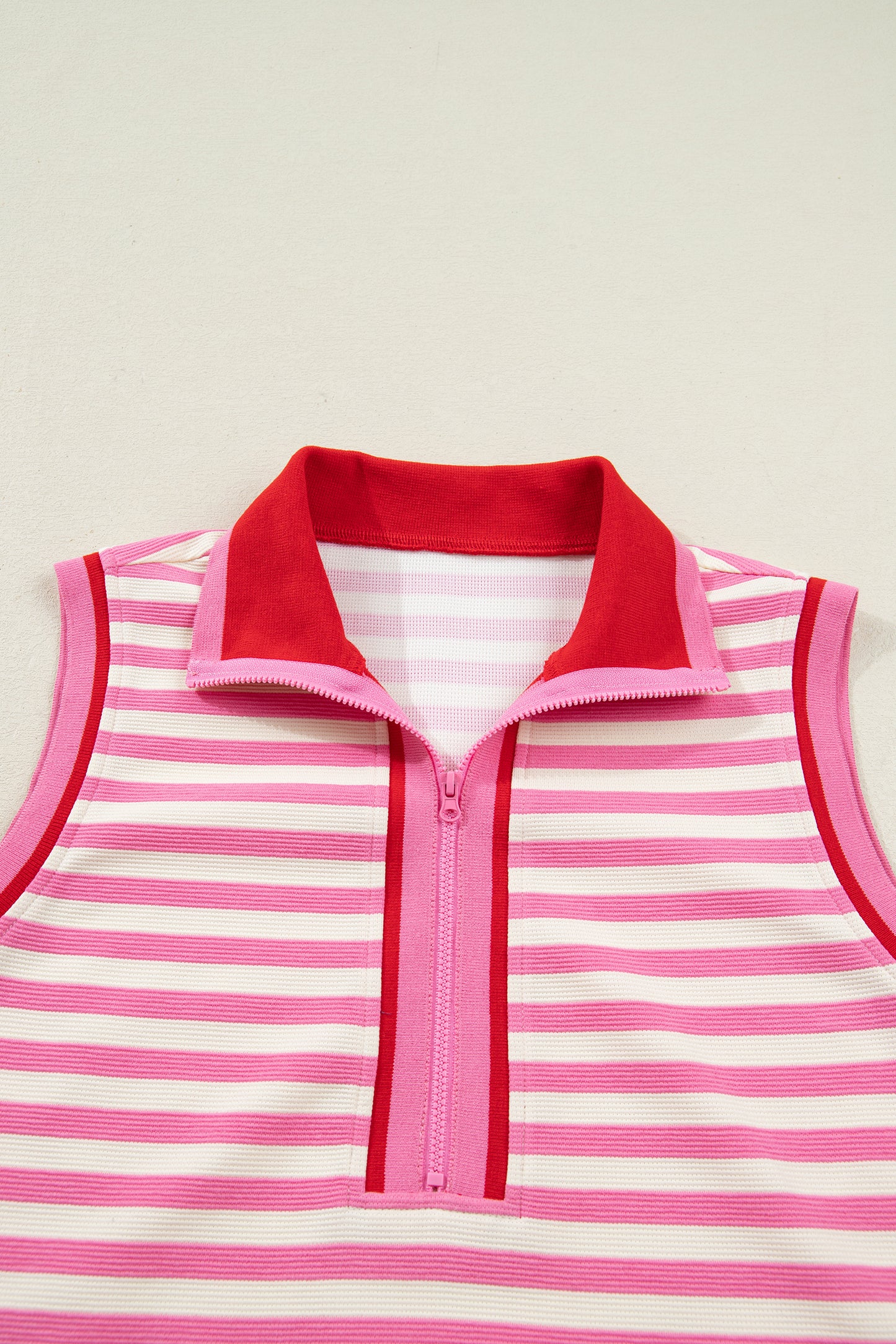 Sachet Pink Textured Stripe Print Contrast Trim Zip Collar Sleeveless 2pcs Skort Set - Snoopy's Closet