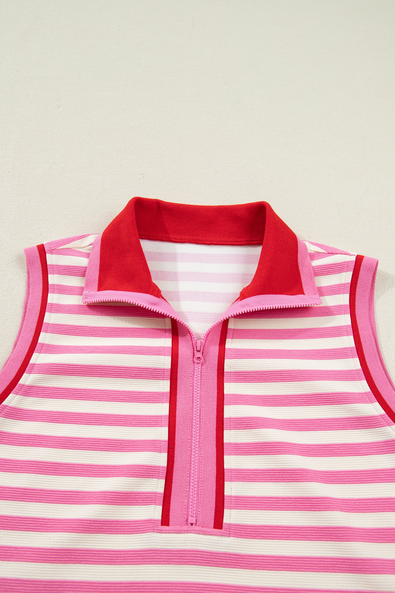 Sachet Pink Textured Stripe Print Contrast Trim Zip Collar Sleeveless 2pcs Skort Set - Snoopy's Closet