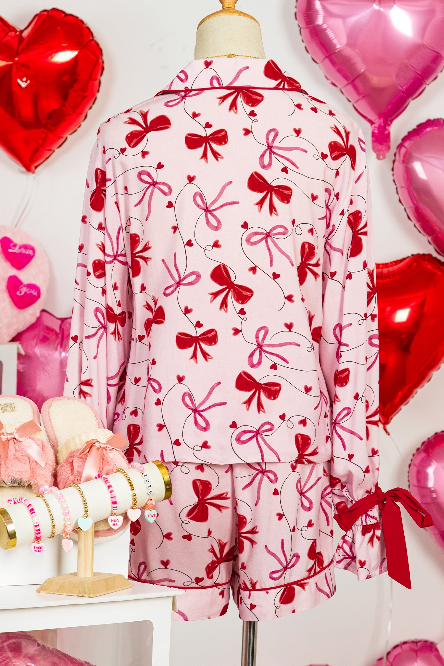 Red Bow Print Valentine Long Sleeve Shirt Shorts 2 Pcs Pajama Set - Snoopy's Closet