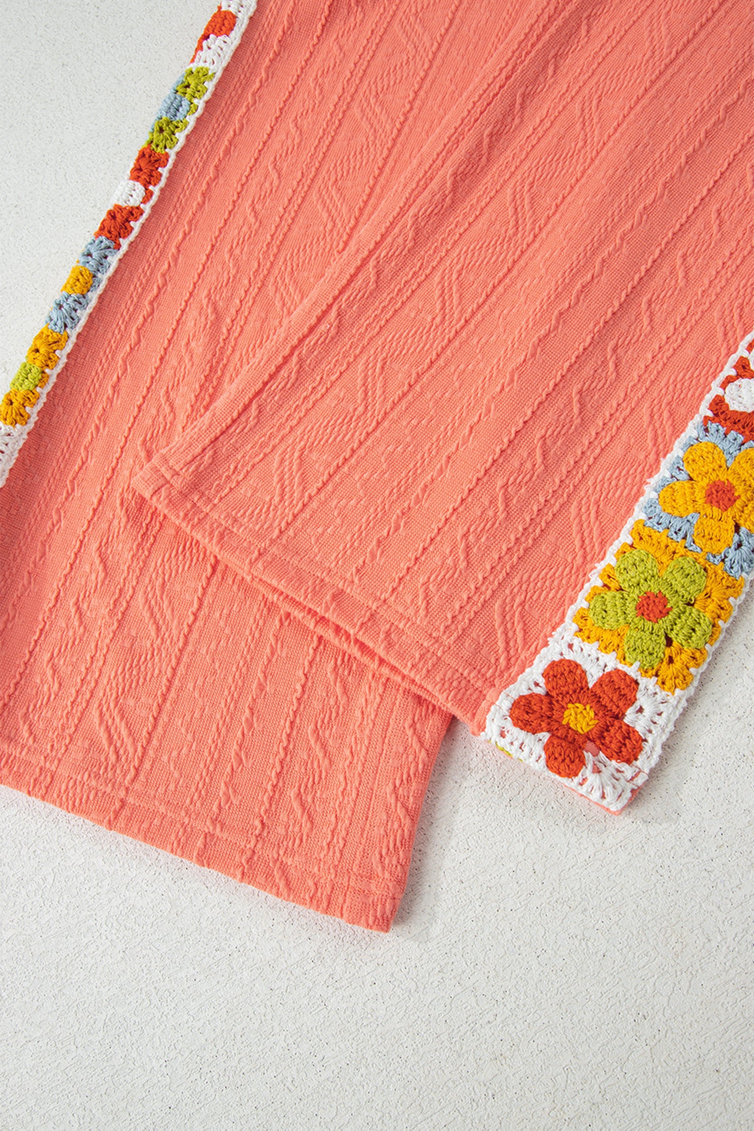 Grapefruit Orange Crochet Floral Accent V Neck Textured Pants Set - Snoopy's Closet