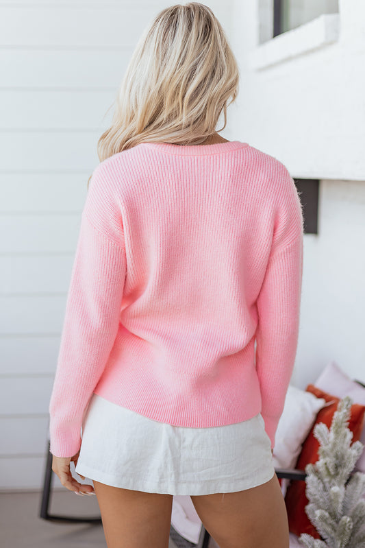 Suéter de punto grueso con cuello redondo rosa Merry Candy Cane