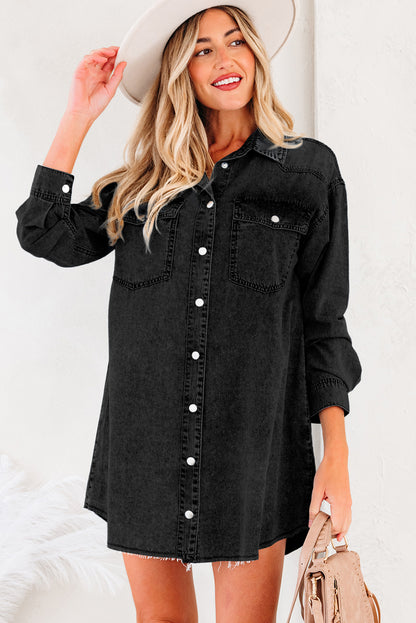 Blue Beau Chest Pocket Raw Hem Denim Loose Shirt Dress - Snoopy's Closet