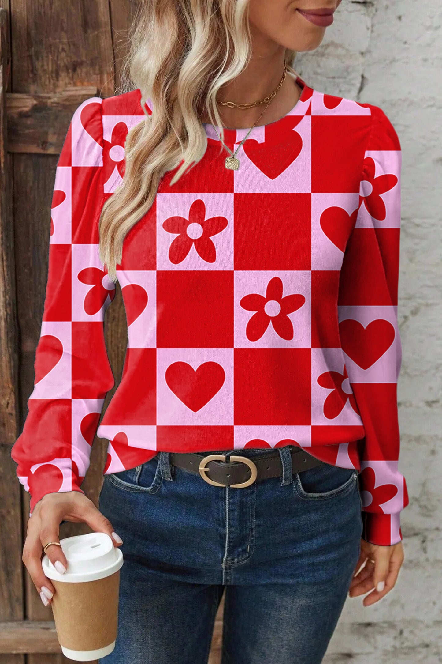 Red Dotted Heart Festive Valentine Blouse - Snoopy's Closet
