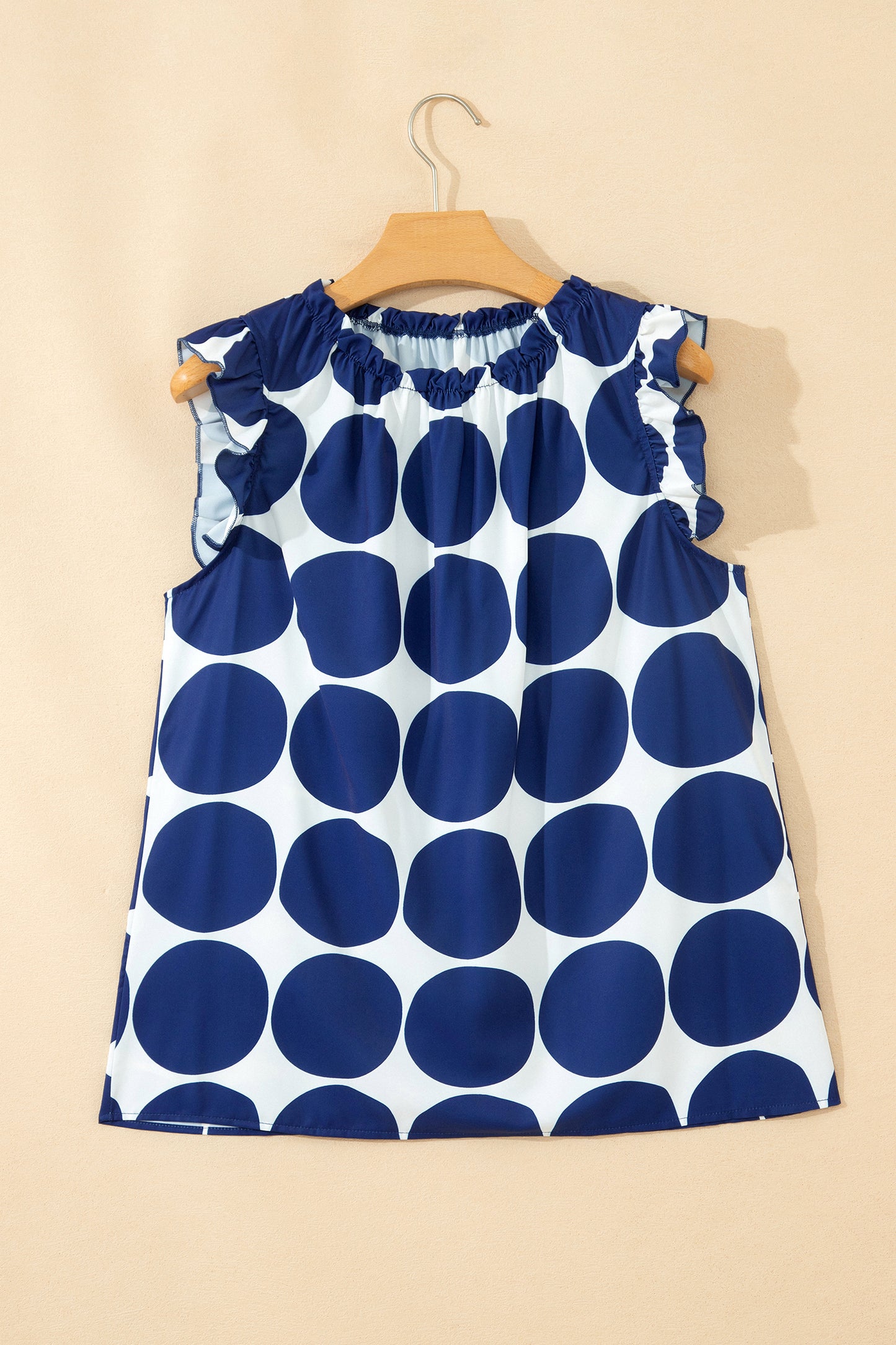 Blue Polka Dot Print Frilled Round Neck Shift Tank Top - Snoopy's Closet