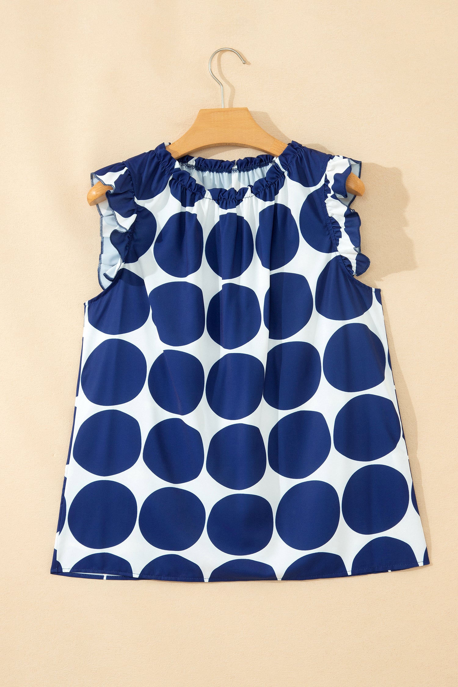 Blue Polka Dot Print Frilled Round Neck Shift Tank Top - Snoopy's Closet