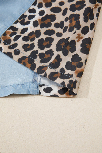 Minivestido con cuello de camisa Myosotis Denim con bloques de color y retales de leopardo