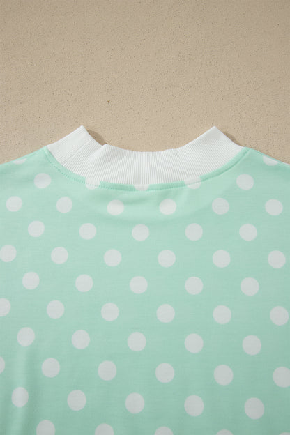 Sky Blue Polka Dot Print Color Block Trim Mock Neck Short Set - Snoopy's Closet