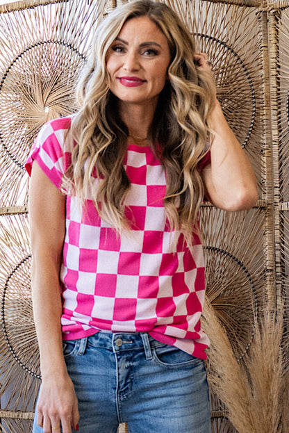 Rose Check Pattern Cap Sleeve Knitted Sweater - Snoopy's Closet