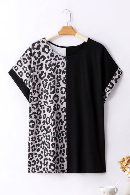 Black Half Leopard Patchwork Plus Size T-shirt - Snoopy's Closet