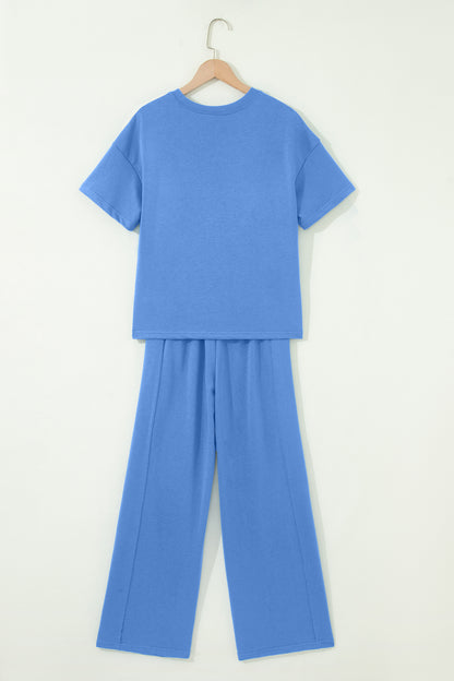 Sky Blue Solid Cover Oversize Tee Pocketed Casual Pants 2pcs Outfit - Snoopy's Closet