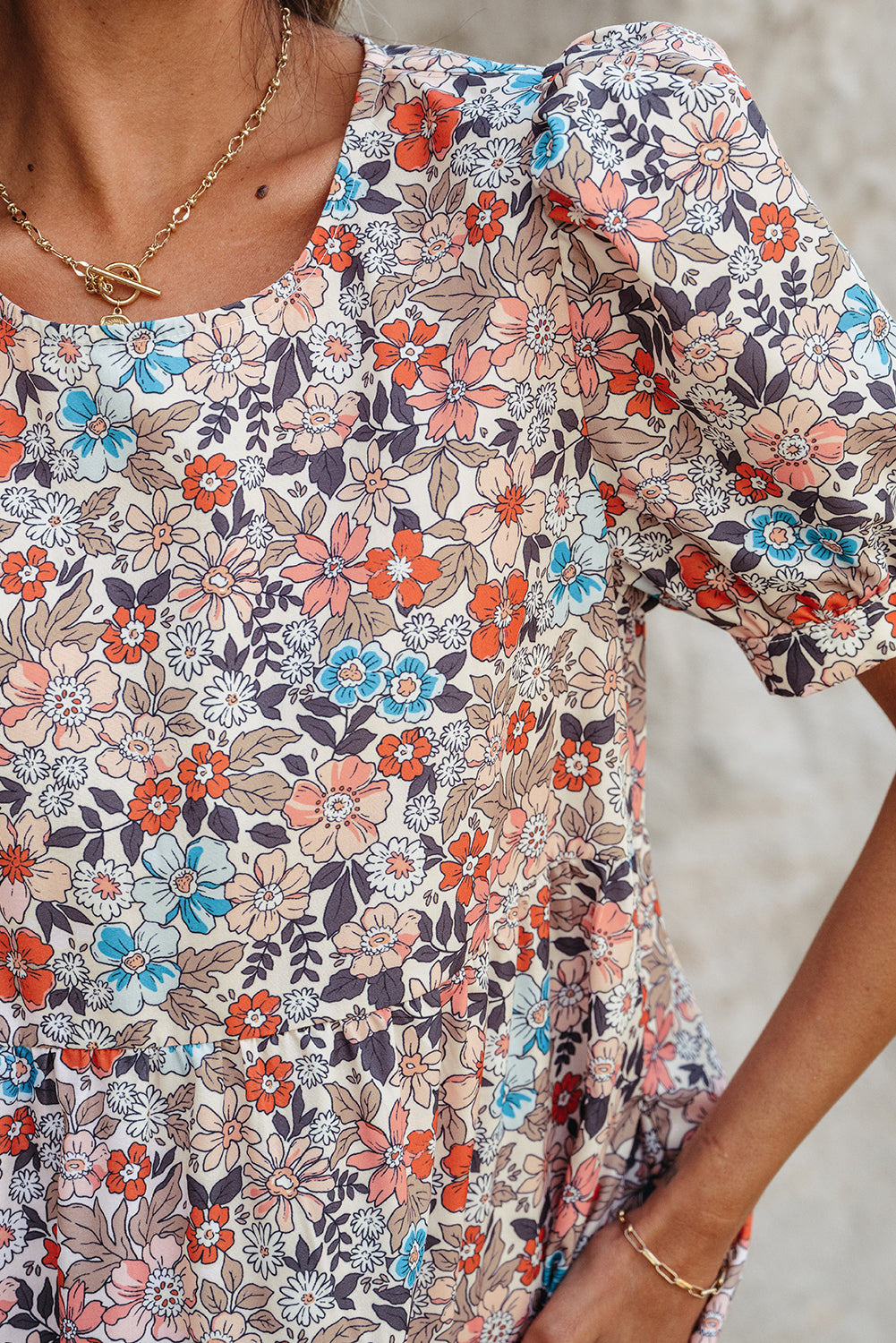 Apricot Bohemian Floral Print Short Puff Sleeve Mini Dress - Snoopy's Closet