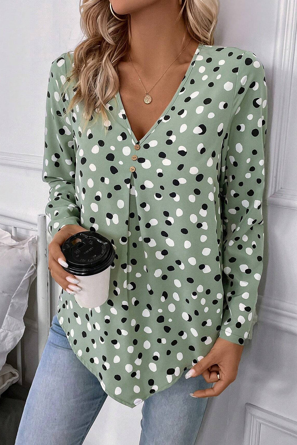 White Polka Dot Print Button Front V Neck Blouse - Snoopy's Closet