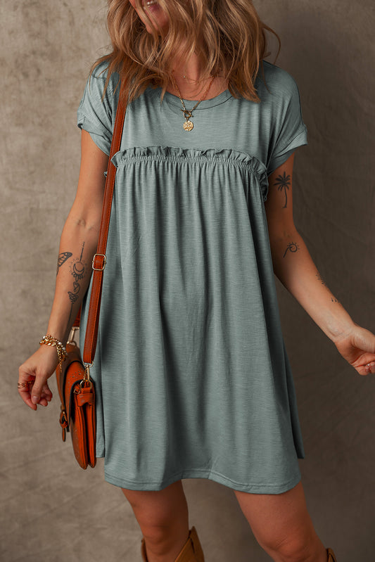 Mist Green Frilled Gathered Seam Round Neck T Shirt Dress - Snoopy's Closet