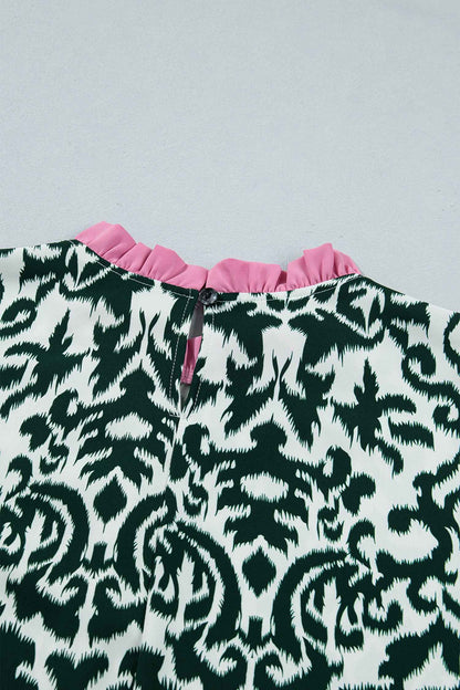 Green Damask Print Ruffled Color Block Detail Half Sleeve Blouse