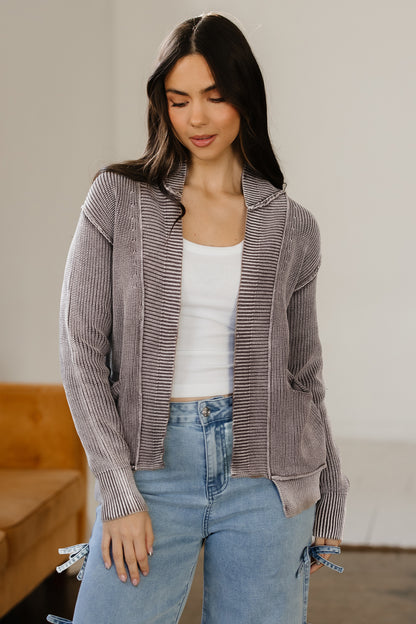 Dark Brown Mineral Wash Exposed Seam Patchwork Knit Open Sweater Cardigan - Snoopy's Closet