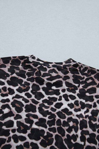 Khaki Leopard Print Sheer Mesh Short Sleeve Top