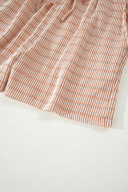 Khaki Stripe Raised Rib Loose Tee Drawstring Elastic Waist 2pcs Short Set