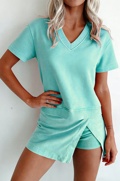 Mint Green Mineral Wash V Neck Tee Matching Skort Set - Snoopy's Closet