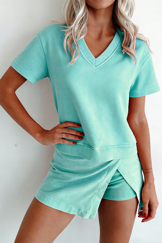 Mint Green Mineral Wash V Neck Tee Matching Skort Set - Snoopy's Closet